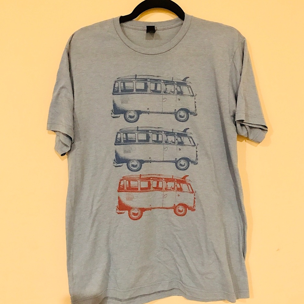 Tultex tee light blue with cool print.
